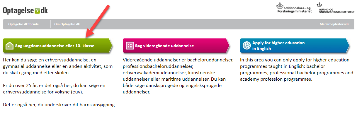 forsiden på optagelse.dk - pil på den knap man skal klikke på for at søge ungdomsuddannelse, erhvervsuddannelse og 10. klasse