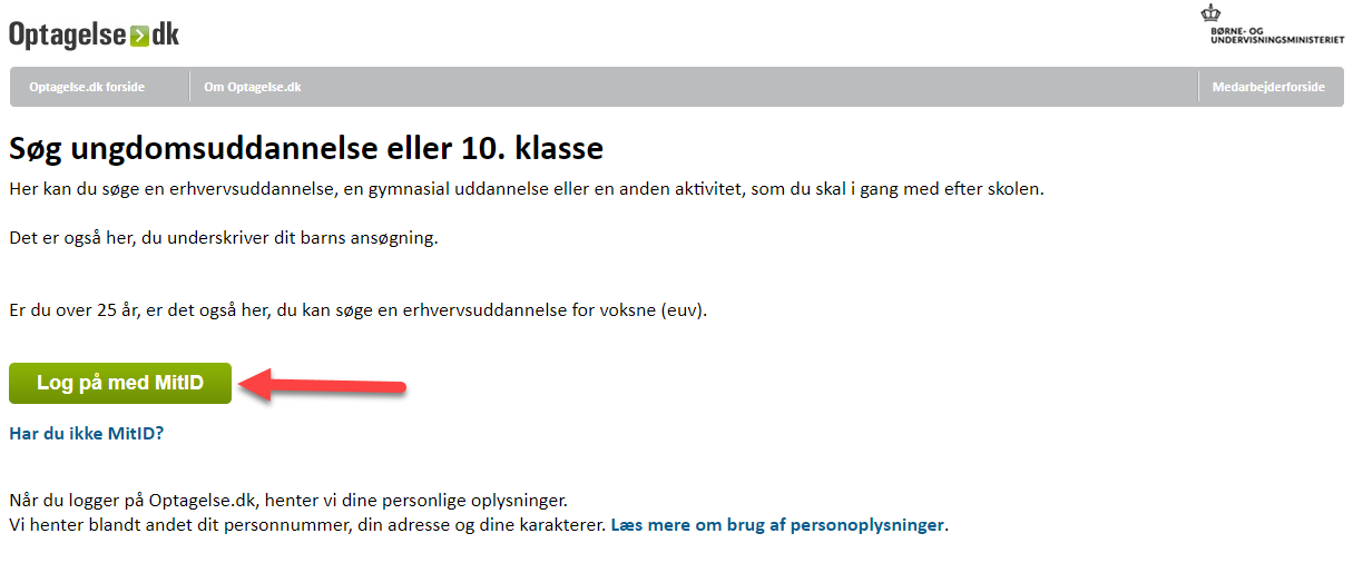 Optagelse.dk - login - pil på knappen 'login med MitID'