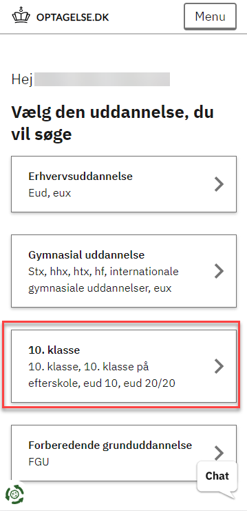 Billedet viser hvor du vælger 10. klasse