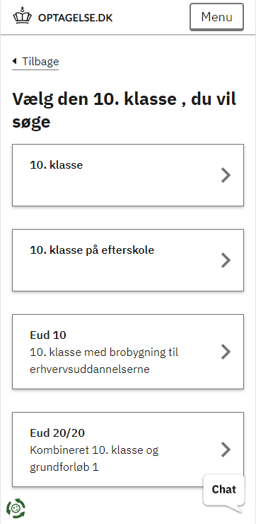 Billedet viser hvor du vælger om det er efterskole, EUd eller almindelig 10 klasse du skal søge