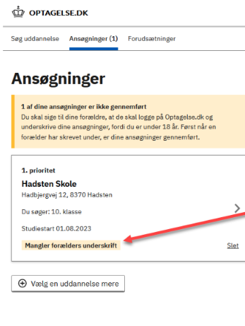 Billedet viser beskeden i optagelse - mangler dine forældres underskrift