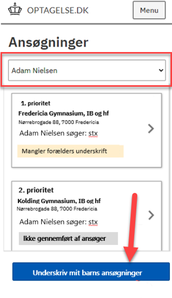 Billedet viser hvor du skal trykke for at underskrive dit barns ansøgninger