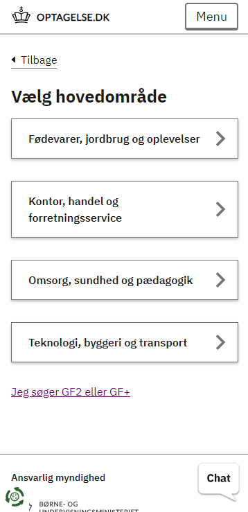 Billedet viser menuen hvor du skal vælge hovedområde