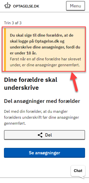 Billedet viser beskeden om at du skal få dine forældre til at underskrive dine ansøgninger