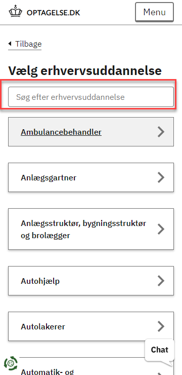 Billedet viser søgefeltet og listen af erhvervsuddannelser