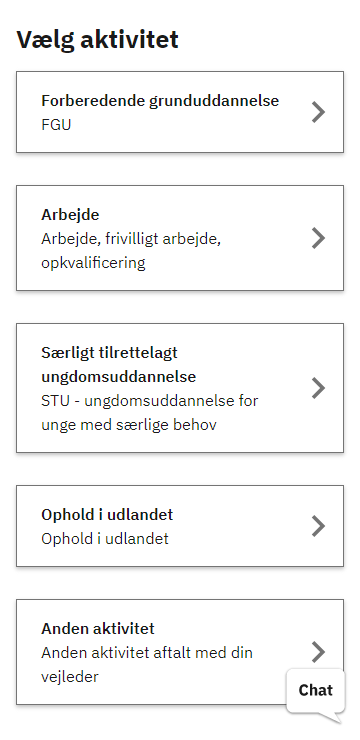Billedet viser de 5 valgmuligheder under andre aktiviteter
