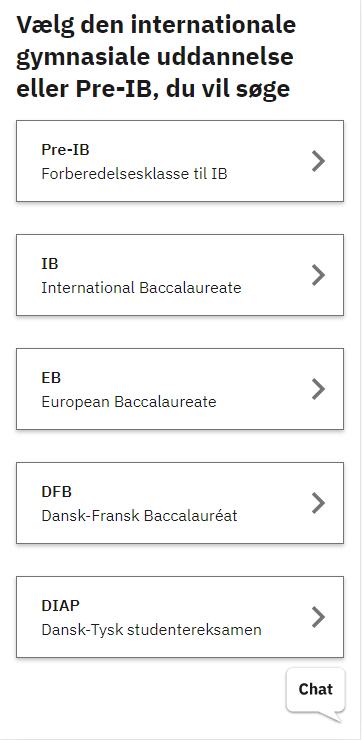 Billedet viser de forskellige IB og Pre-IB valgmuligheder