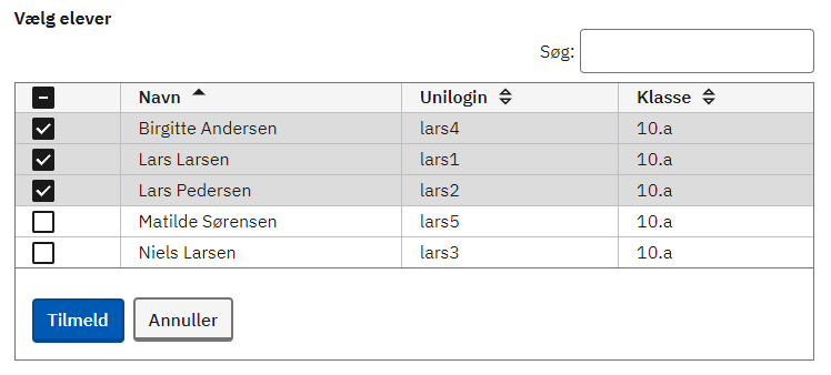 Vælg eleverne i klassen, som skal tilmeldes den valgte prøve