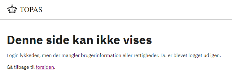 Fejlbesked, når brugeren ikke har rettighed til at logge ind i TOPAS.