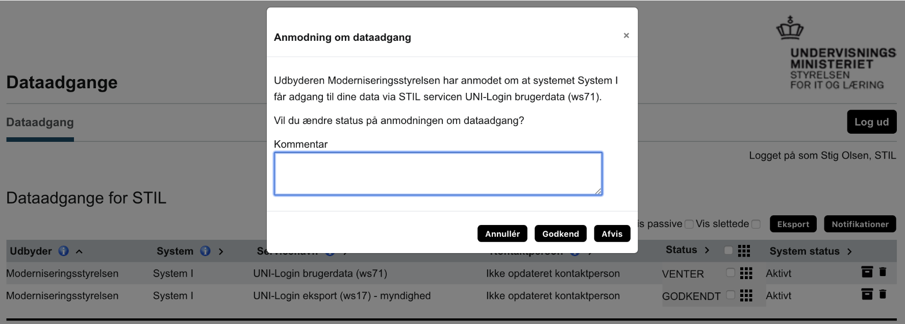 Billedet viser det kommentarfelt, der fremkommer, når du skifter status på anmodningen.