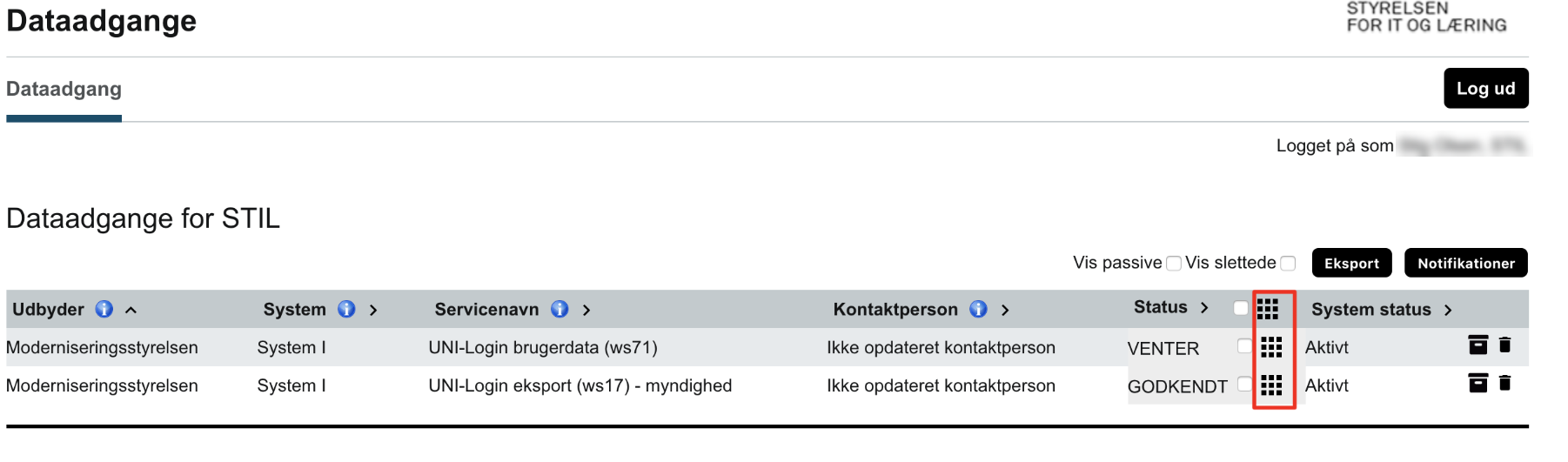 På billedet ses kolonnen Status, og ud for den ses ikonerne med de ni små firkanter, som bruges til at skifte status.