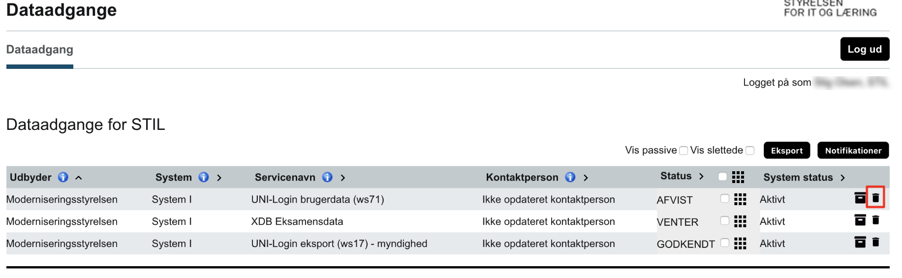 På billedet ses skraldespandsikonet til sletning af dataadgang.