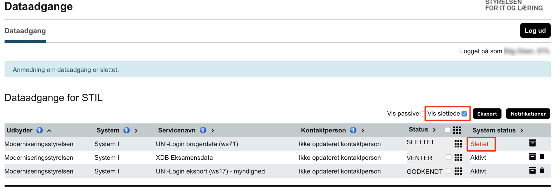 Billedet viser hvor der sættes flueben i Vis slettede for at vise slettede dataadgange.