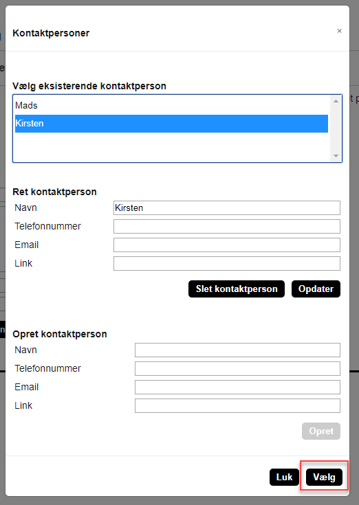Billedet viser feltet Vælg eksisterende kontaktperson og knappen Vælg.