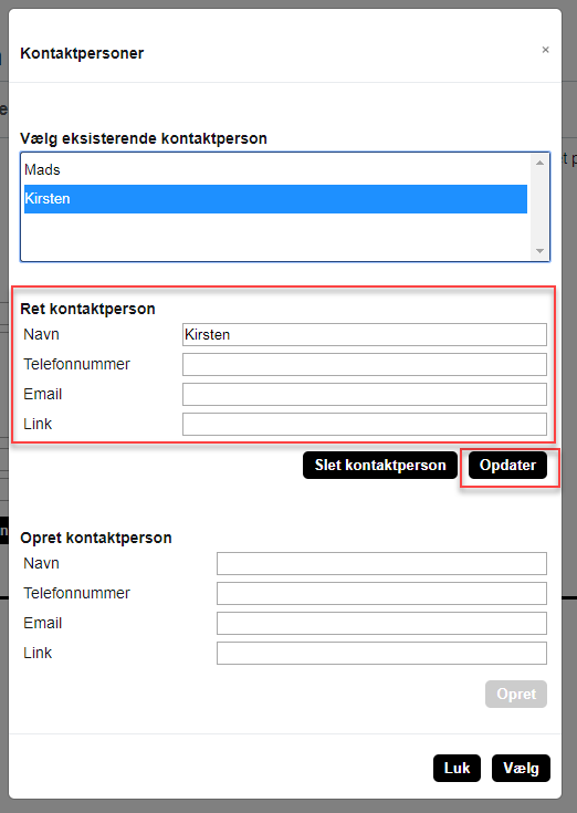 På billedet ses feltet Ret kontaktperson og knappen Opdater til redigering af kontaktperson.