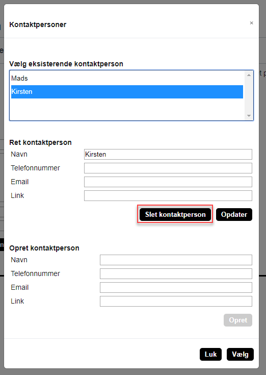 På billedet ses feltet Vælg eksisterende kontaktperson og knappen Slet kontaktperson til sletning af kontaktperson.