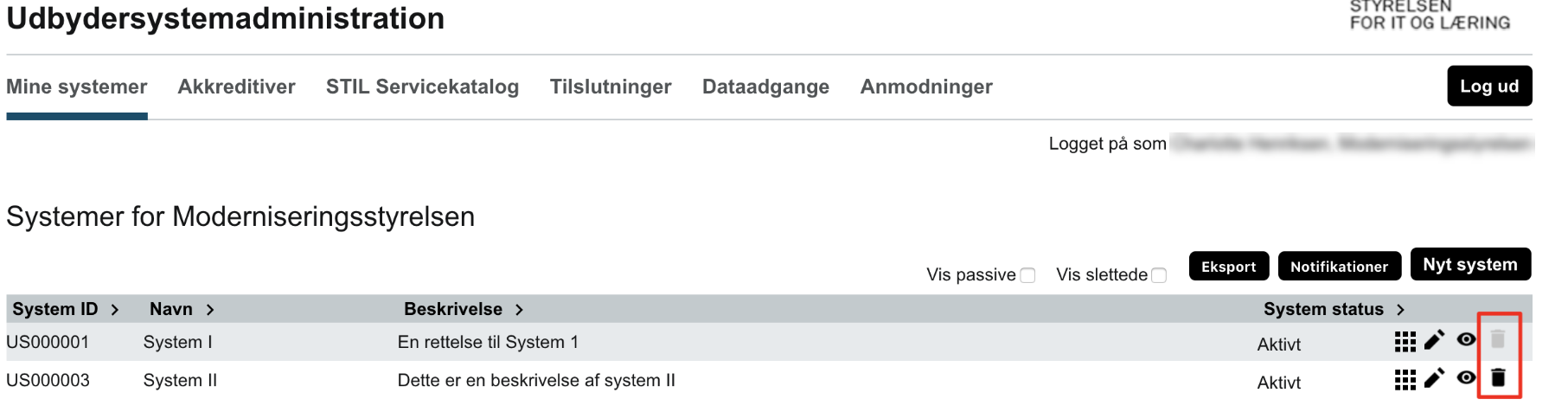 Billedet viser skraldespandsikonet, der bruges til sletning af et system.