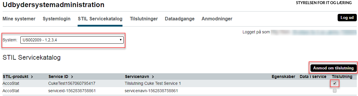 Billedet viser feltet System, stedet, hvor der skal markeres med flueben, og knappen Anmod om tilslutning.