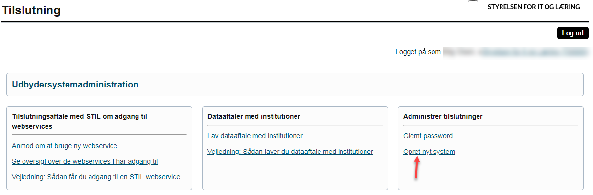 Billedet viser linket Opret nyt system på tilslutning.stil.dk.