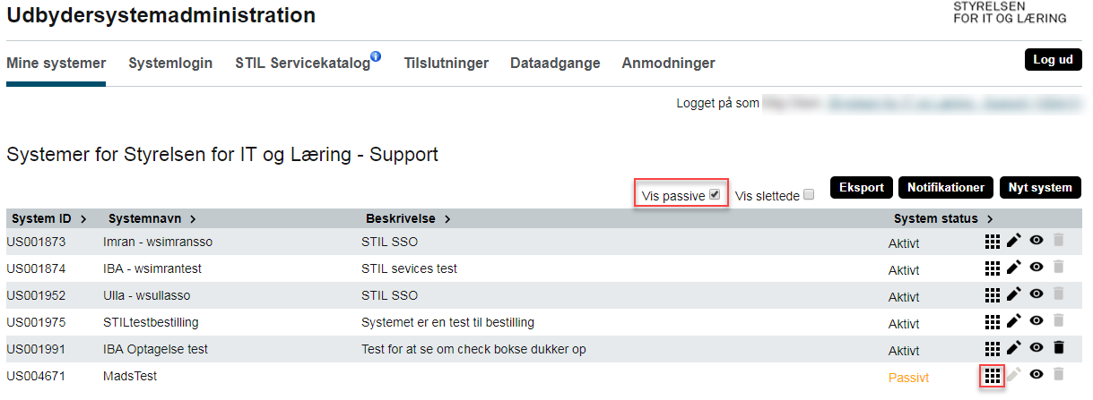 Billedet viser hvor der skal sættes flueben i feltet Vis passive, og ikonet med de ni små firkanter til skift af status.