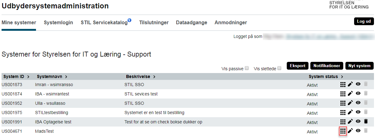 Billedet viser hvor du kan finde ikonet med de ni små firkanter til skift af status i kolonnen System status.