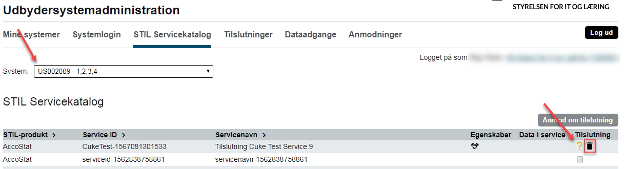 Billedet viser feltet System og skraldespandsikonet, som bruges til sletning.