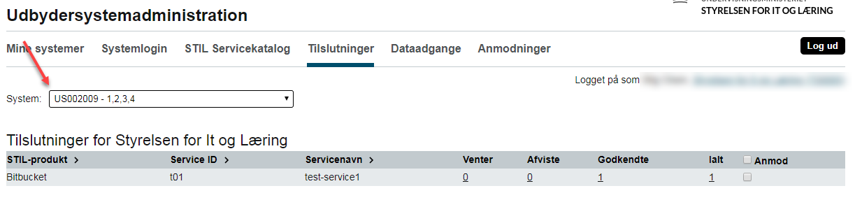 Billedet viser feltet System og kolonnerne, hvor man kan se status på tilslutninger.