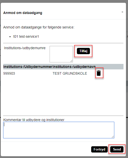 Billedet viser skrivefeltet til indtastning og kommentarfeltet til eventuelle kommentarer. Derudover ses skraldespanden til sletning og de to knapper Tilføj og Send.