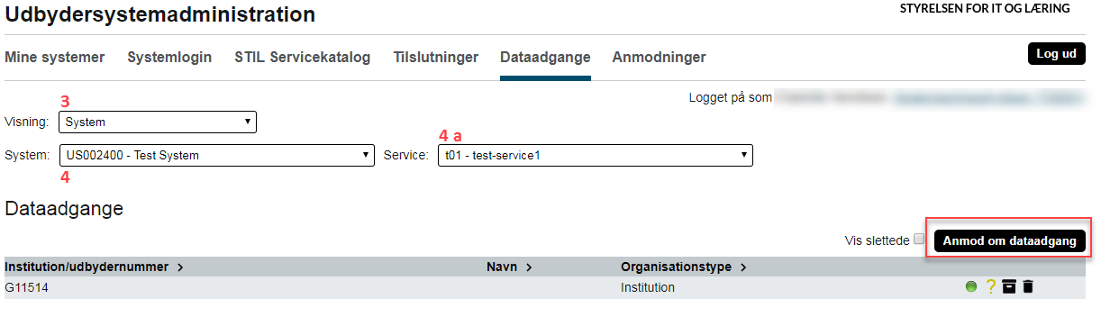 Billedet er et skærmbillede, der viser felterne Visning, System og Service samt knappen Anmod om dataadgang.