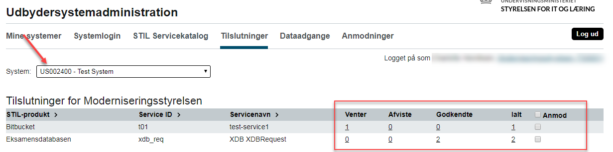 Billedet viser feltet System og status på dataadgange opdelt i kolonnerne Venter, Afviste og Godkendte.