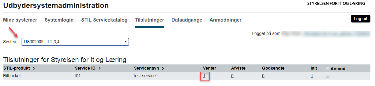 Billedet viser feltet System og kolonnen Venter, hvor du kan klikke på tallet i kolonnen.