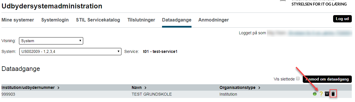 Billedet viser hvor du finder skraldespandsikonet, som bruges til sletning af anmodningen.