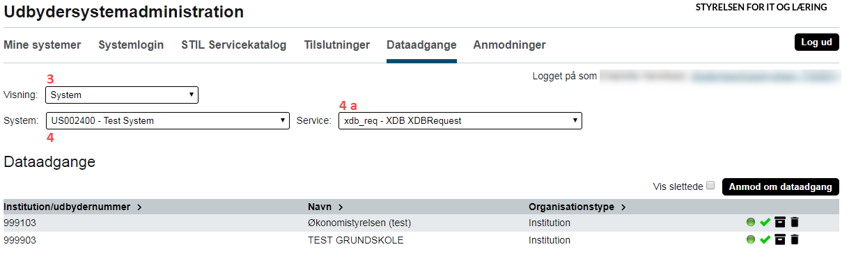 På billedet ses felterne Visning, System og Service samt et eksempel på en liste med dataadgange.