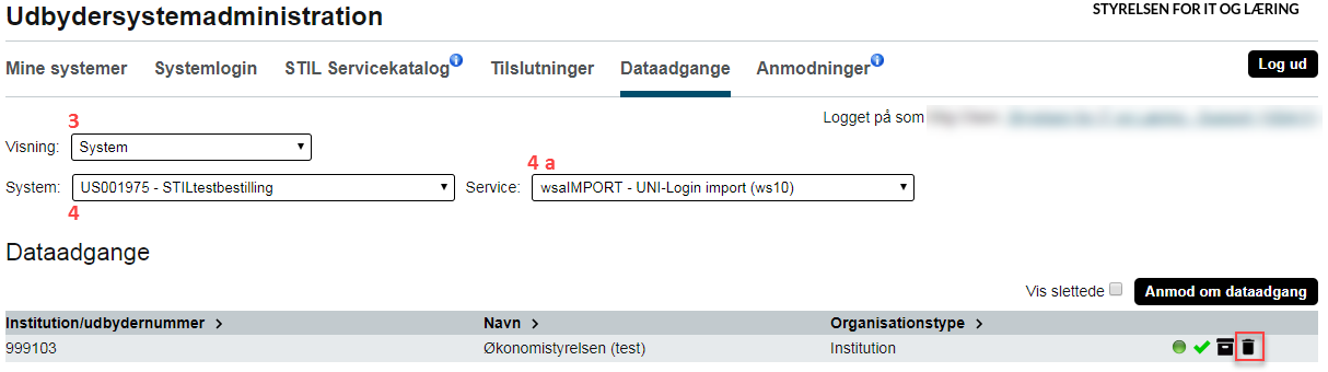 Billedet viser felterne Visning, System og Service samt skraldespandsikonet til sletning.