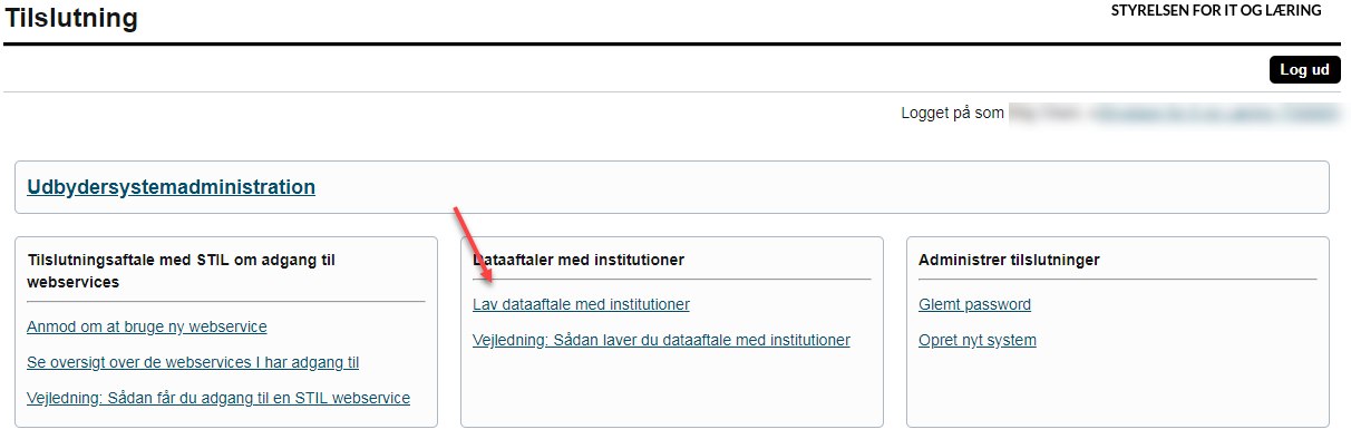 På billedet ses linket Lav dataaftale med institutioner på tilslutning.stil.dk.