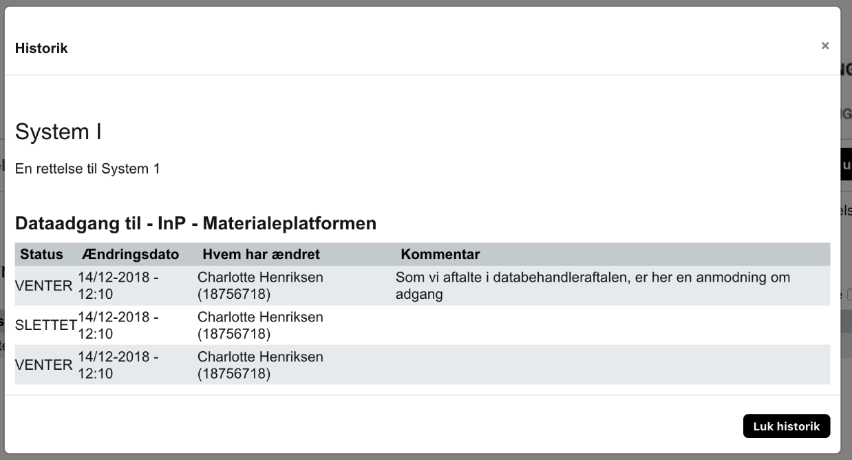 Billedet viser et eksempel på en anmodning med en medfølgende besked.