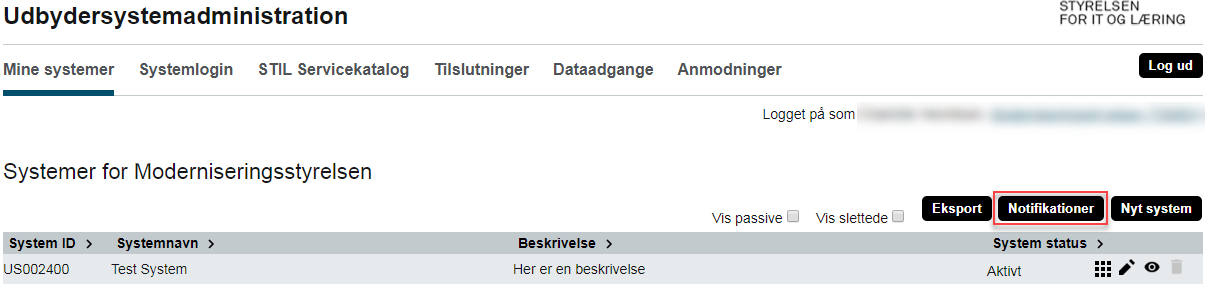 Billedet viser hvor du finder knappen Notifikationer under Udbydersystemadministration.