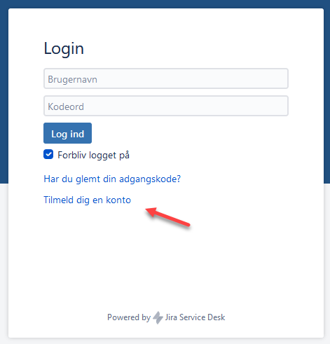 Billedet viser placeringen af linket Tilmeld dig en konto, som anvendes hvis man er førstegangsbruger i supportportalen.