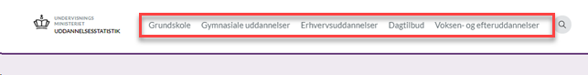 Billedet viser den øvre fane, hvor man kan vælge imellem uddannelsesområderne.