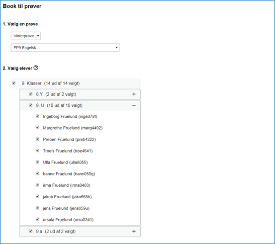 Billedet viser andet trin i bookingprocessen, hvor du skal vælge de årgange, klasser eller enkelte elever, der skal bookes til prøven.