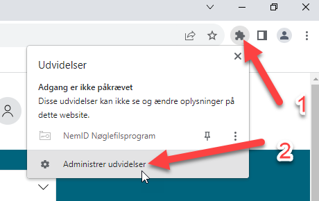 På billedet vises pop-up-menuen browserudviddelser