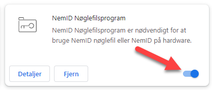 På bileldet vises et eksempel på en browserudviddelse, og den blå slider man kan bruge til at deaktiver den