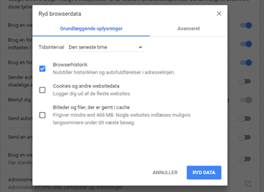 På billedet ses menupunktet Browserhistorik, som kan vinges af med et flueben efterfulgt af klik på knappen Ryd data.