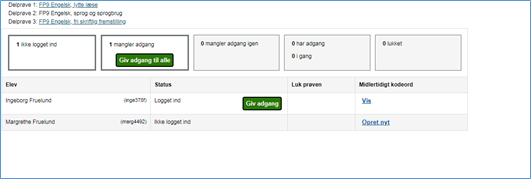 På billedet ses knapperne Giv adgang til alle og Giv adgang, der bruges til at give henholdsvis alle eleverne og enkelte af eleverne adgang til prøven.