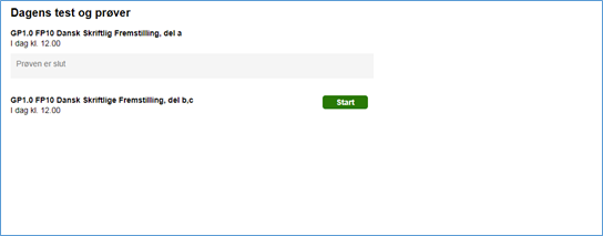 På billedet ses delprøvesiden og herunder knappen Start.