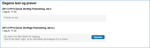 Billedet viser elevens prøvestartside med knappen Opdater.