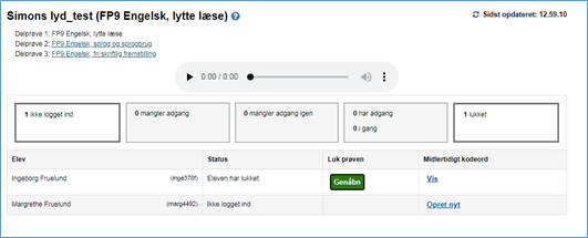 Billedet viser et eksempel på en prøve med afspilning af lyd. Øverst i prøven findes lydfilen, som kan testes af før prøvestart.