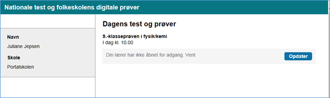 Billedet viser et eksempel på en elevs prøvestartside.