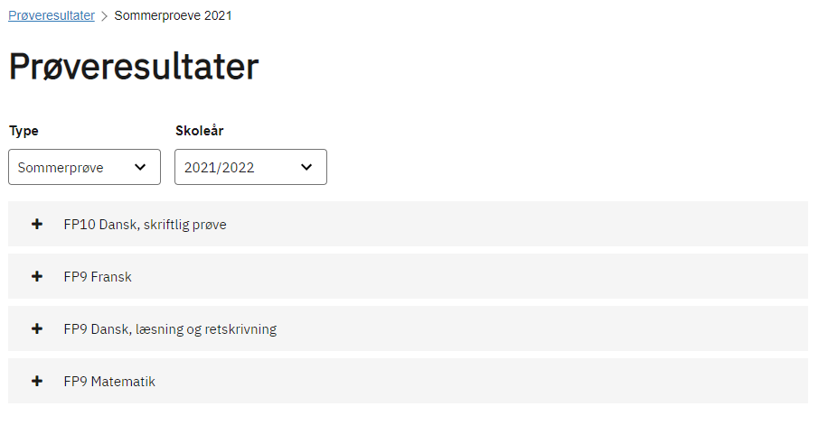 Billedet viser prøveresultater hvor man kan vælge drop-downmenuer hvilken prøvetermin og hvilke prøvefag der ønskes