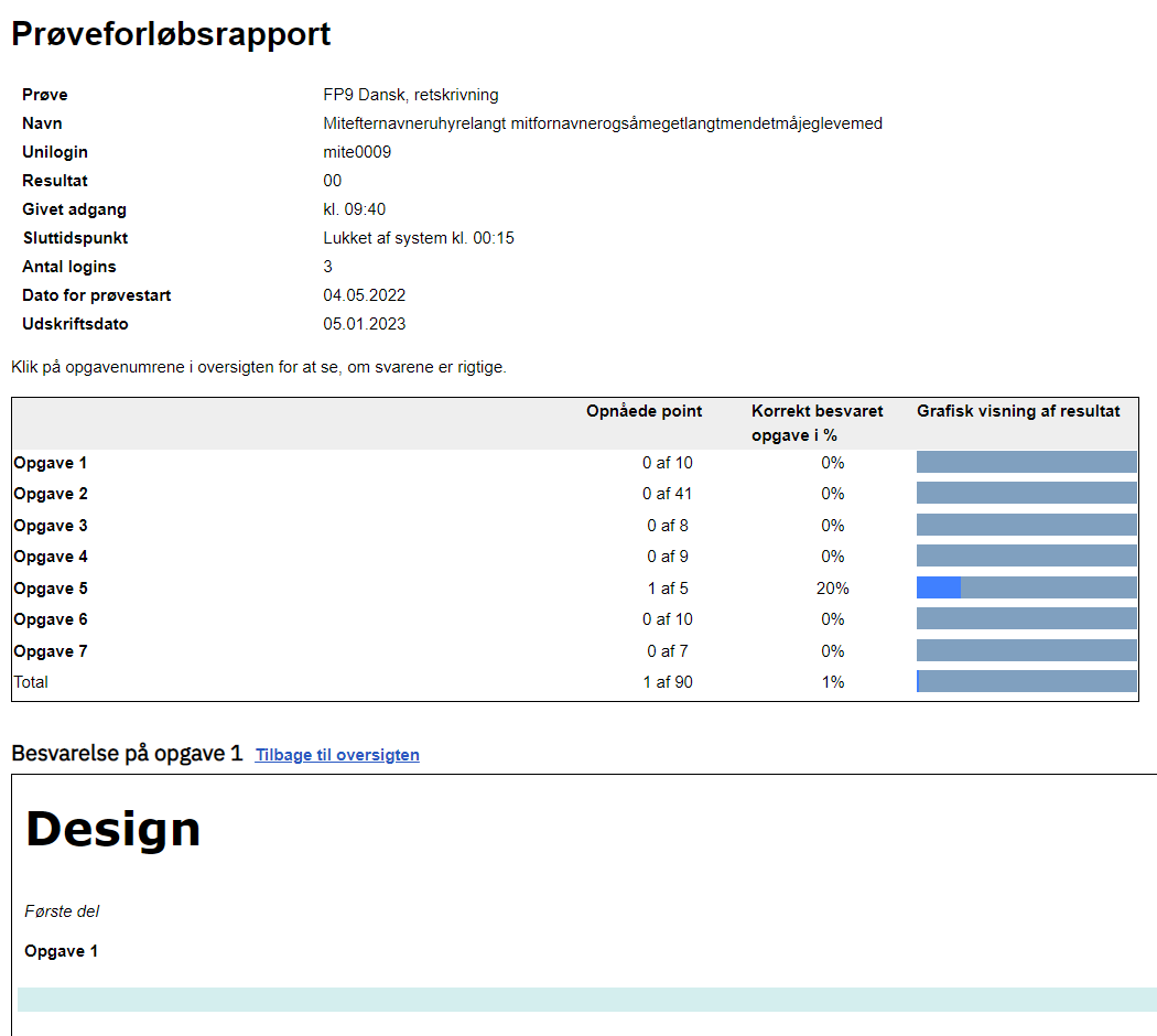 Billedet viser prøveforløbsrapporten hvad eleven har besvaret
